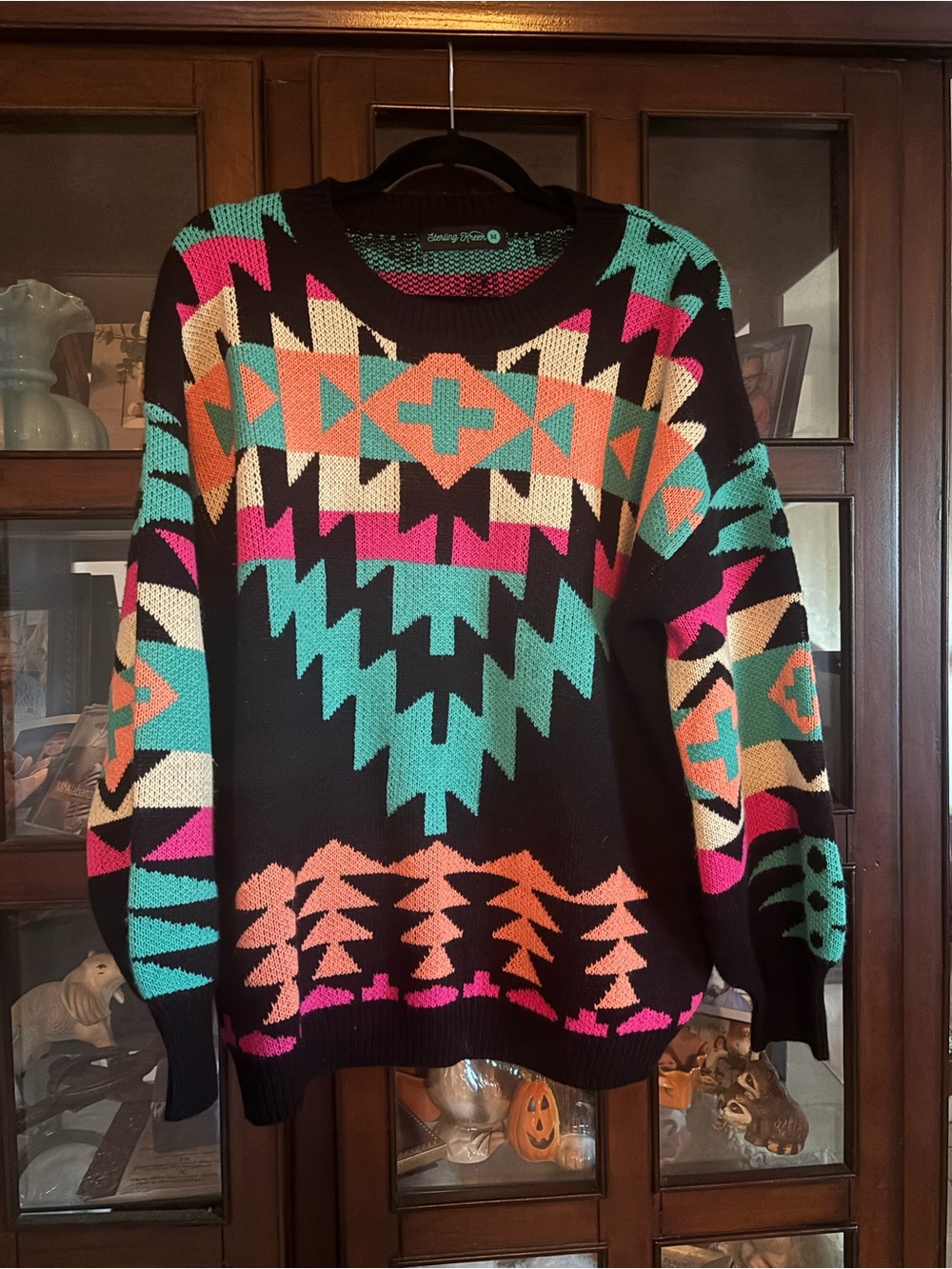 Sterling Kreek Aztec Crewneck Sweater - Black with Turquoise & Coral Accents